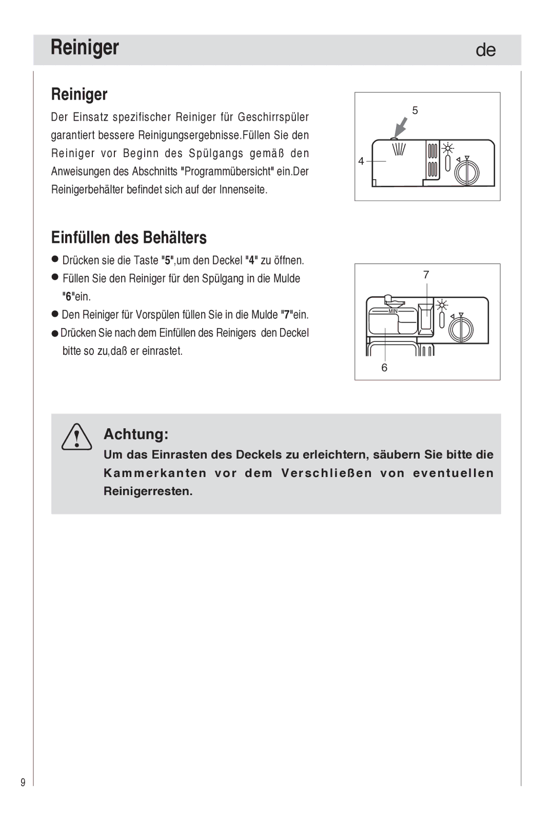 Haier DW9-TFE1 operation manual Einfüllen des Behälters, Füllen Sie den Reiniger für den Spülgang in die Mulde 6ein 