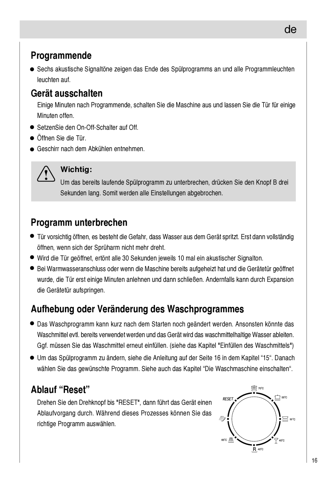 Haier DW9-TFE1 Programmende, Gerät ausschalten, Programm unterbrechen, Aufhebung oder Veränderung des Waschprogrammes 