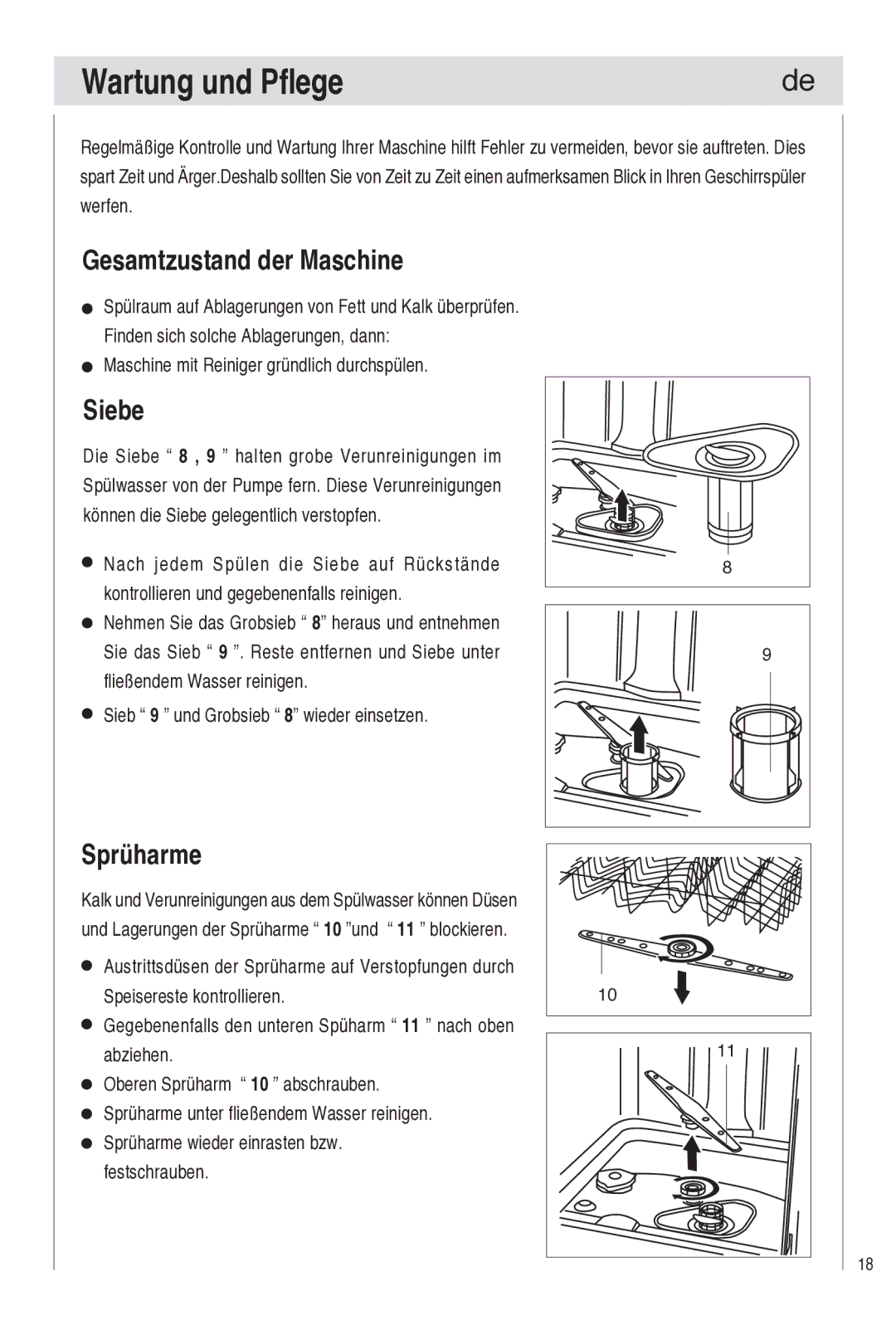 Haier DW9-TFE1 operation manual Wartung und Pflege, Gesamtzustand der Maschine, Siebe, Sprüharme 