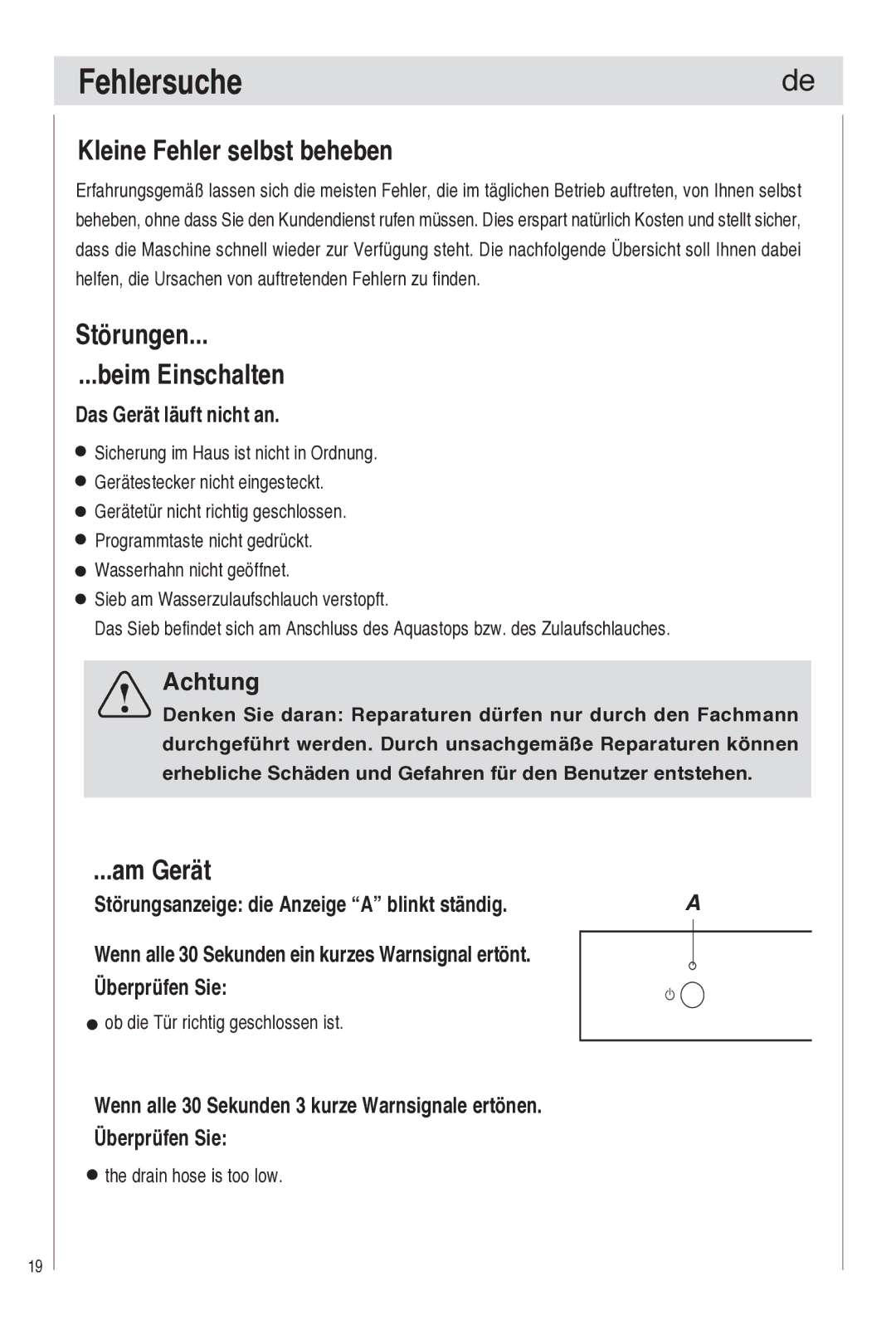 Haier DW9-TFE1 Fehlersuche, Kleine Fehler selbst beheben, Störungen Beim Einschalten, Am Gerät, Das Gerät läuft nicht an 