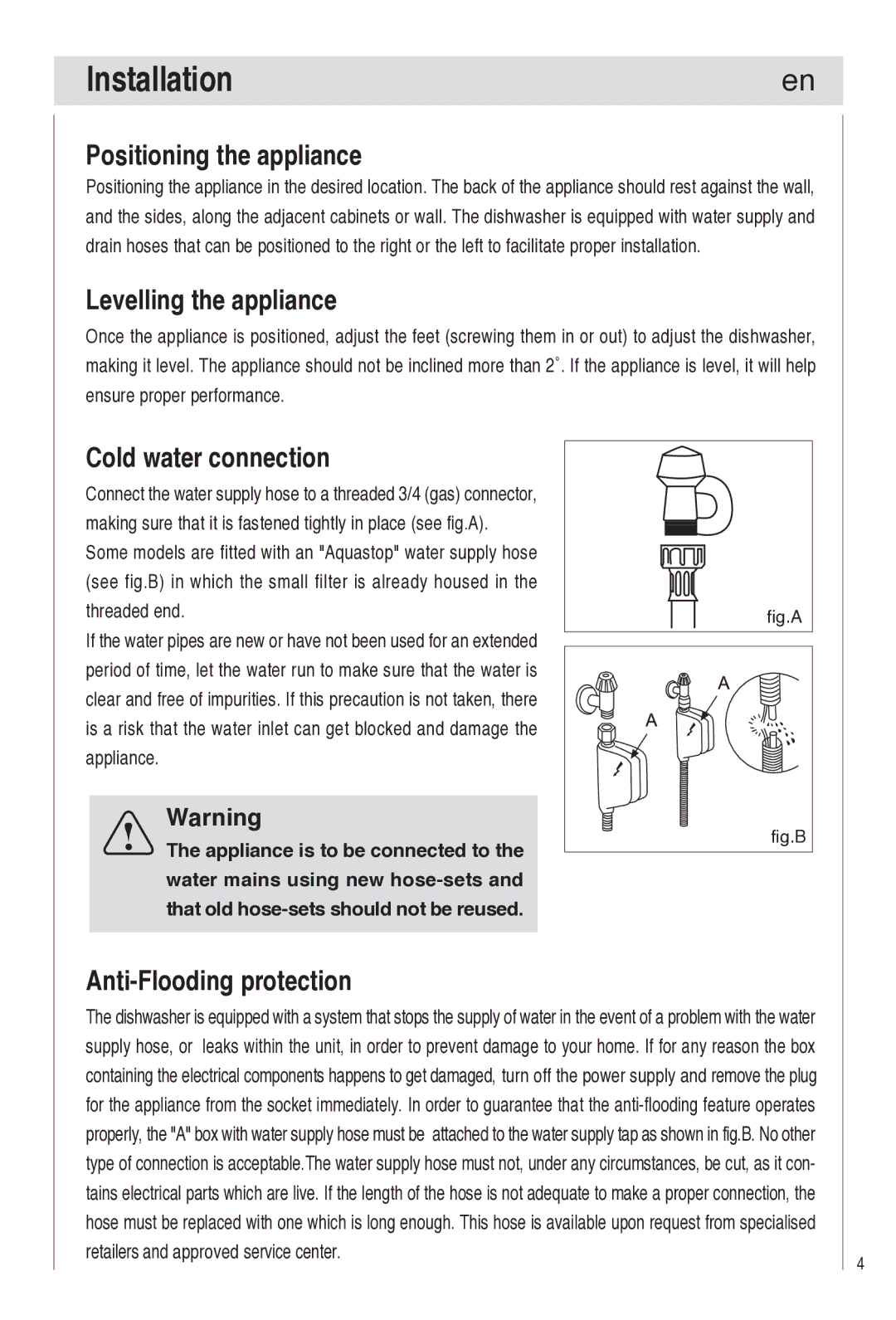 Haier DW9-TFE1 operation manual Installation, Positioning the appliance, Levelling the appliance, Cold water connection 