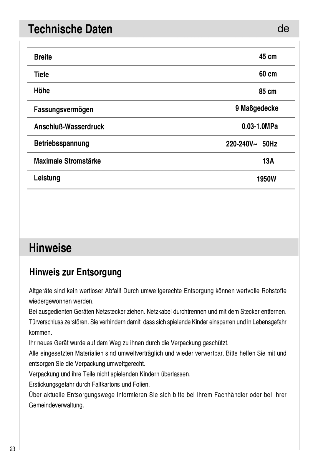 Haier DW9-TFE1 operation manual Technische Daten, Hinweise, Hinweis zur Entsorgung, Maximale Stromstärke 13A Leistung 1950W 