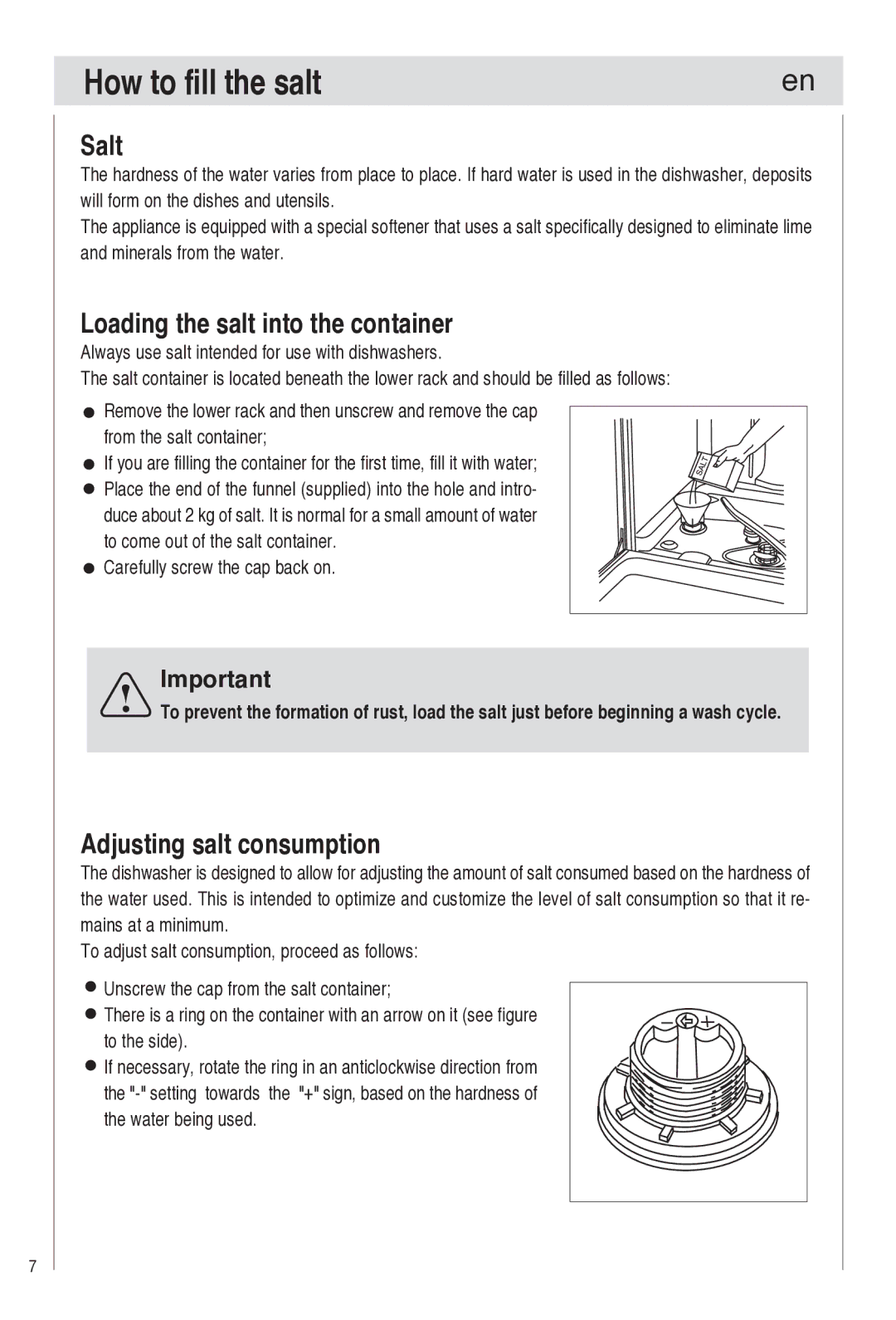 Haier DW9-TFE1 operation manual How to fill the salt, Salt, Loading the salt into the container, Adjusting salt consumption 