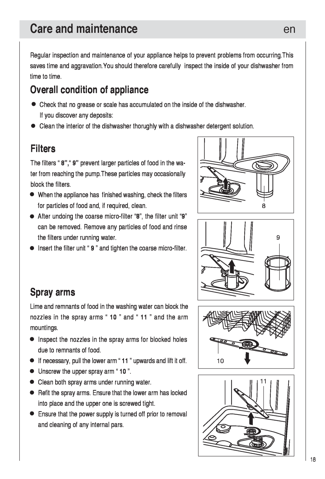 Haier DW9-TFE1 operation manual Care and maintenance, Overall condition of appliance, Filters, Spray arms 