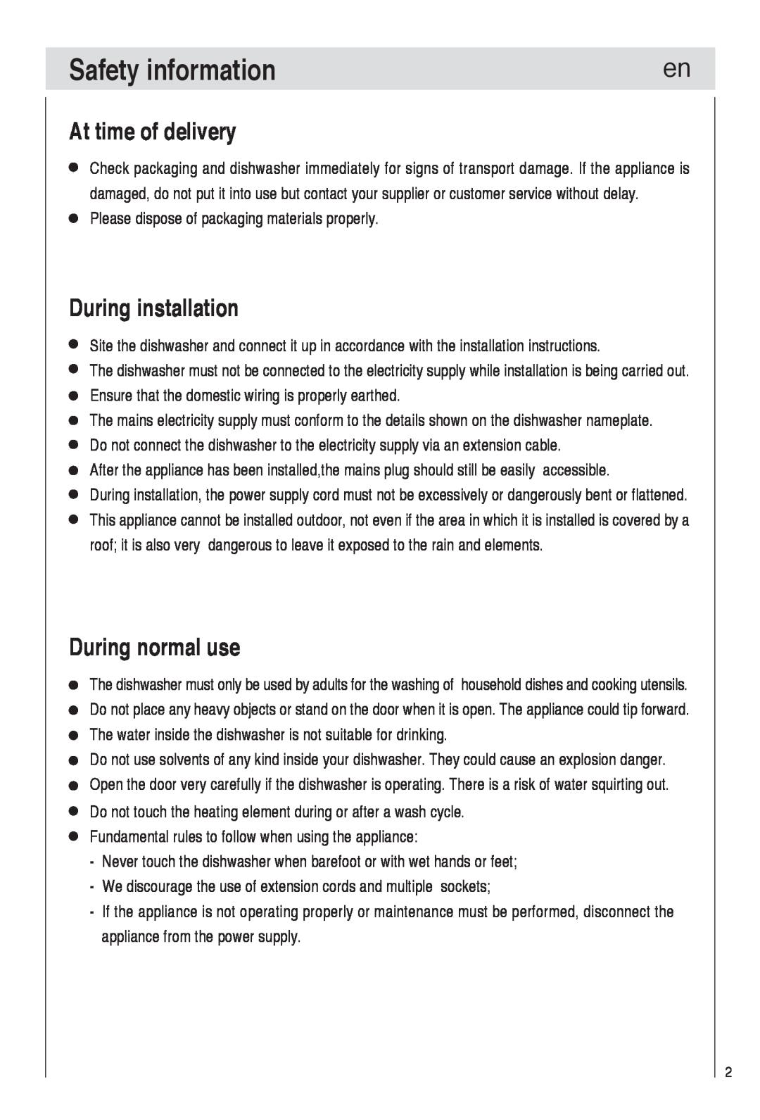 Haier DW9-TFE1 operation manual Safety information, At time of delivery, During installation, During normal use 