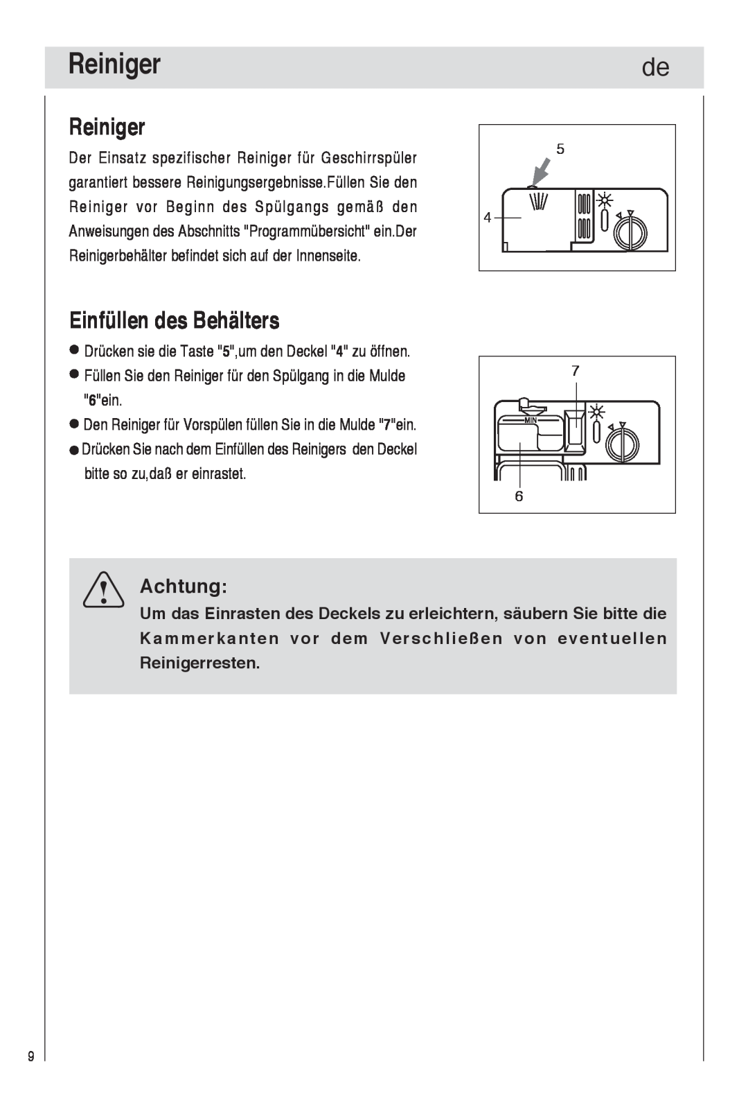 Haier DW9-TFE1 operation manual Reiniger, Einfüllen des Behälters, Achtung 