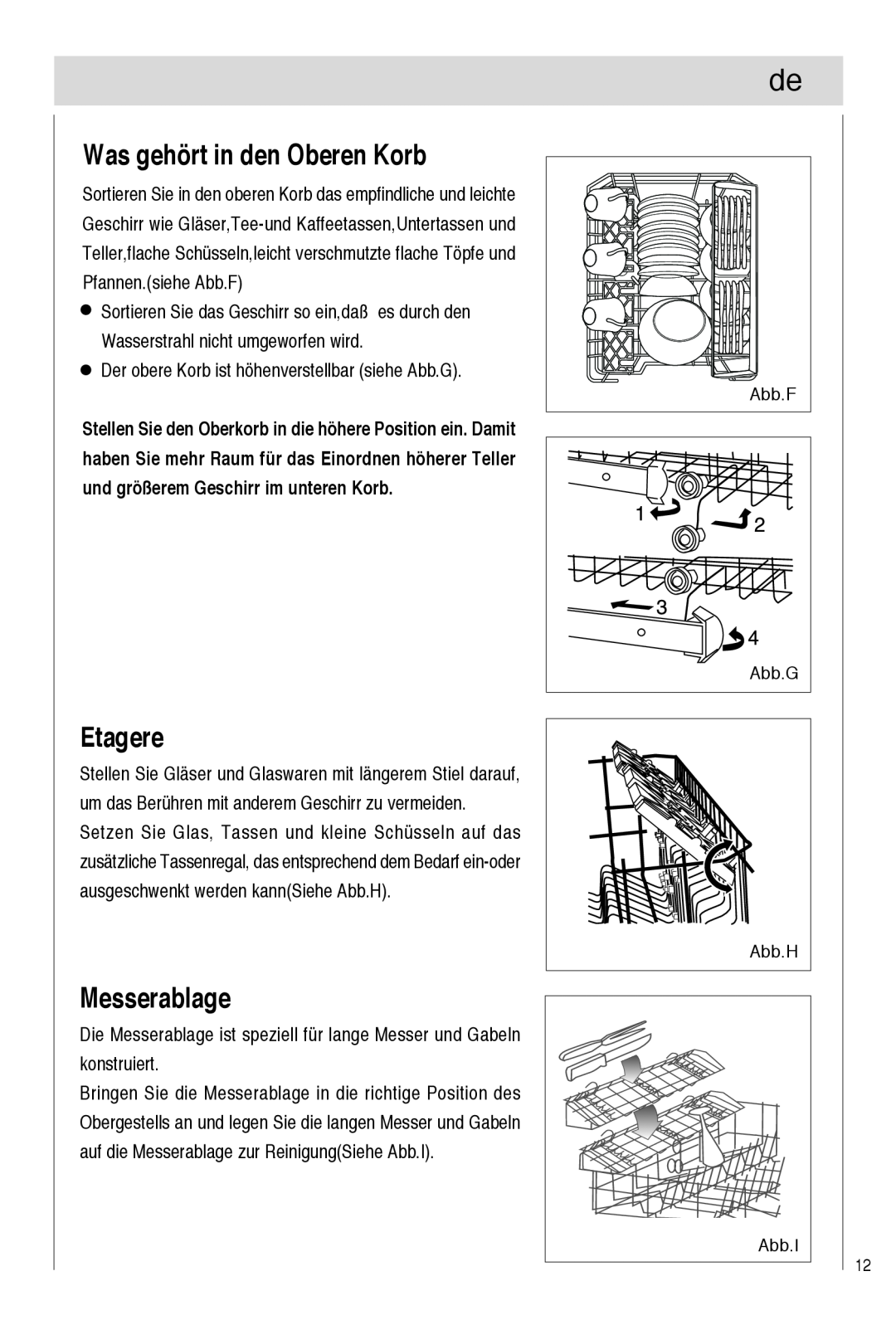 Haier DW9-TFE1 operation manual Was gehört in den Oberen Korb, Etagere, Messerablage, Abb.F, Abb.G 