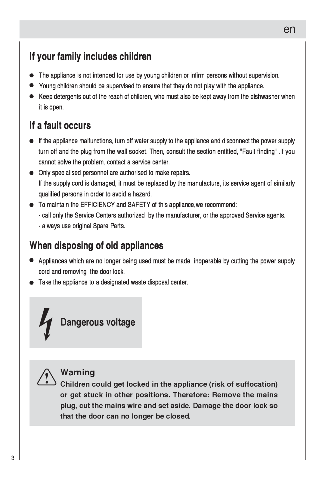 Haier DW9-TFE1 If your family includes children, If a fault occurs, When disposing of old appliances, Dangerous voltage 