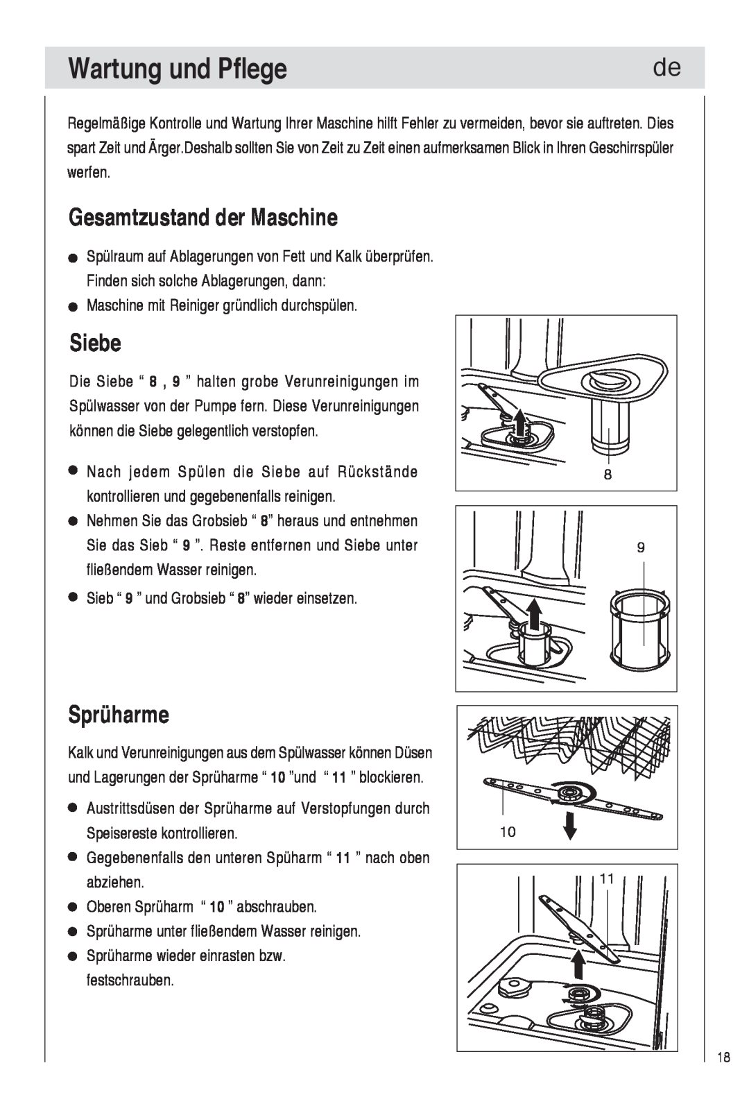 Haier DW9-TFE1 operation manual Wartung und Pflege, Gesamtzustand der Maschine, Siebe, Sprüharme 