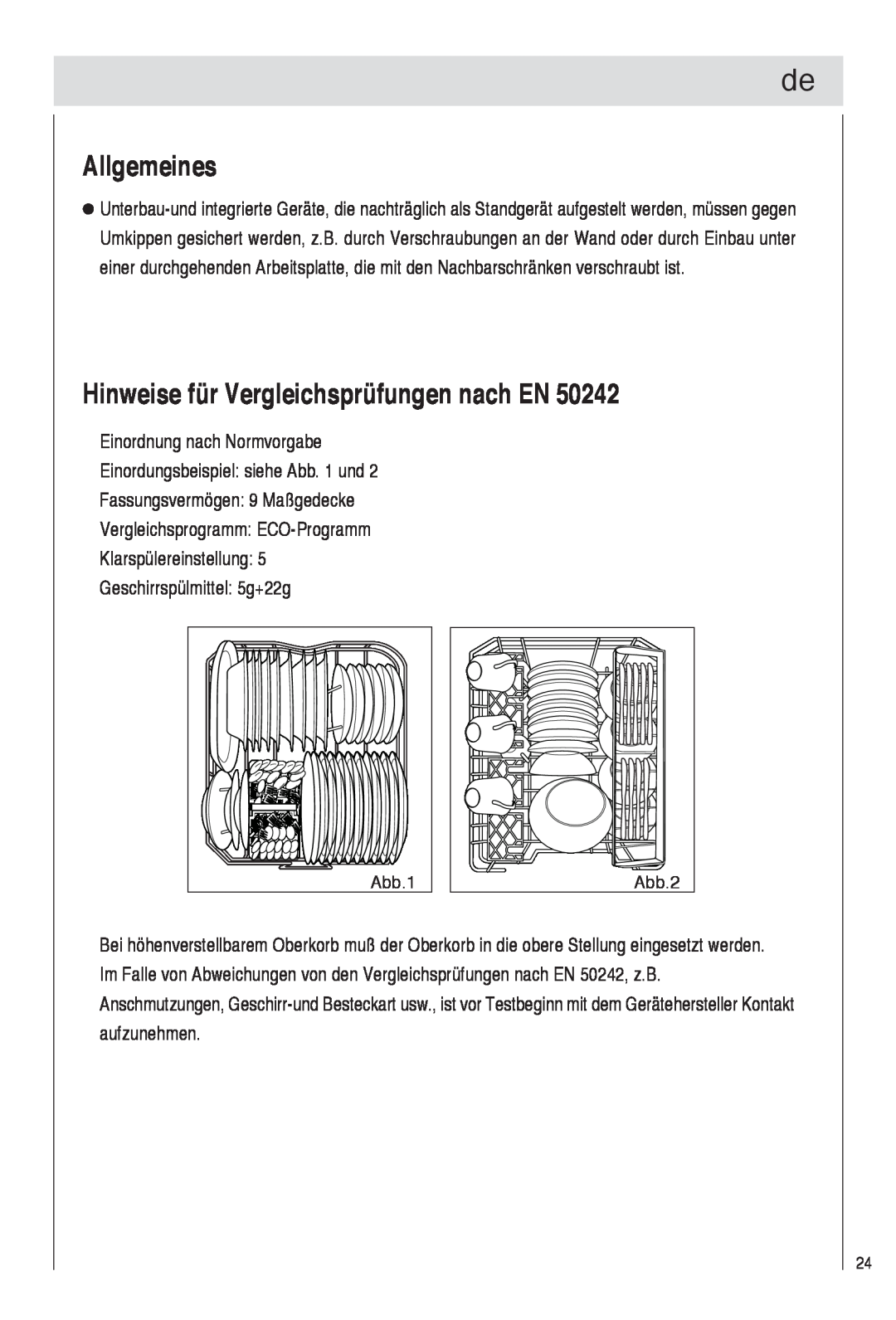 Haier DW9-TFE1 operation manual Allgemeines, Hinweise für Vergleichsprüfungen nach EN, Abb.1, Abb.2 