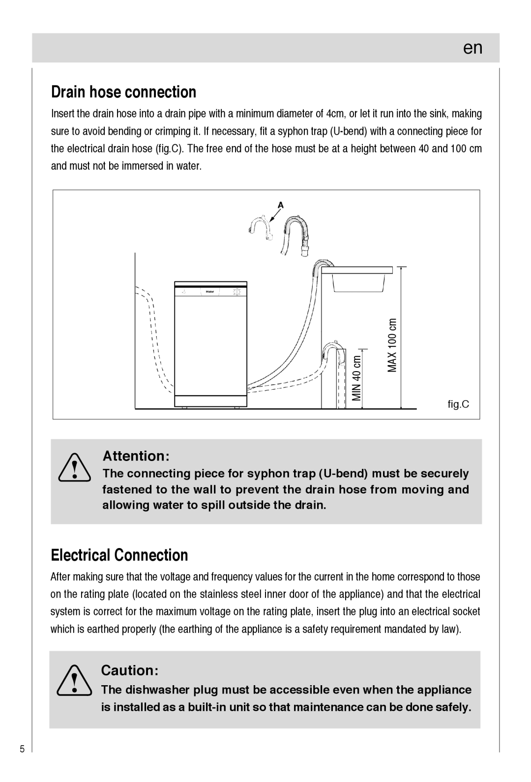 Haier DW9-TFE1 operation manual Drain hose connection, Electrical Connection, fig.C 