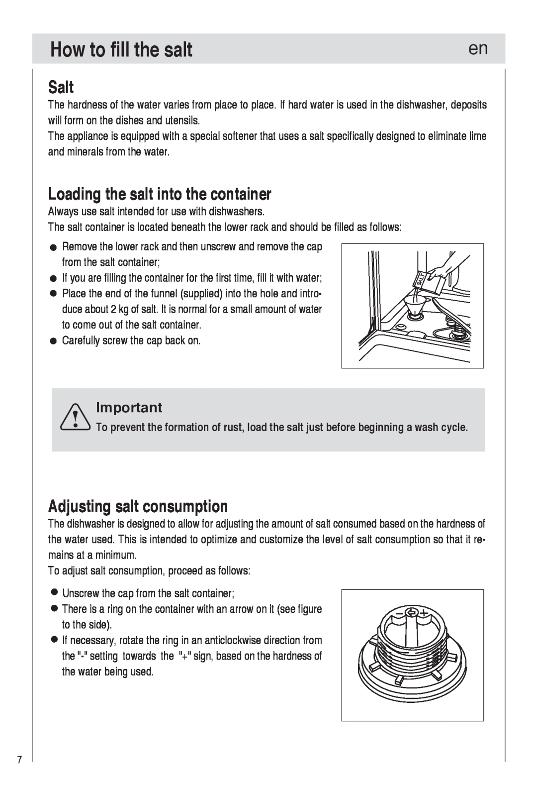 Haier DW9-TFE1 operation manual How to fill the salt, Salt, Loading the salt into the container, Adjusting salt consumption 