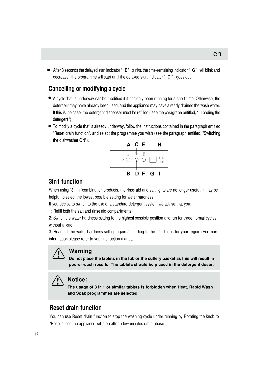 Haier DW9-TFE3, DW9-UFE3 manual Cancelling or modifying a cycle, 3in1 function, Reset drain function 