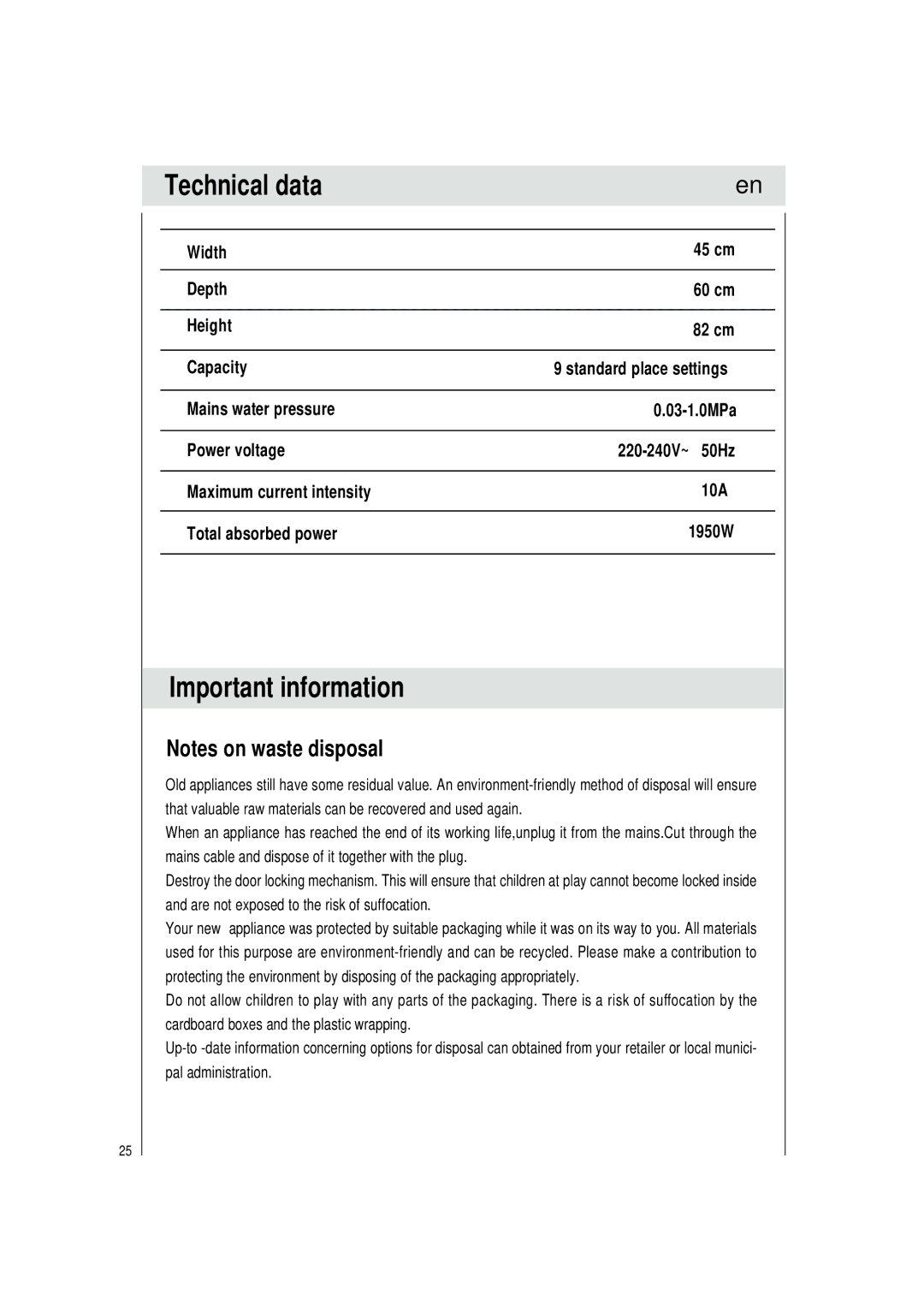 Haier DW9-TFE3, DW9-UFE3 manual Technical data, Important information, Width 45 cm Depth 60 cm Height 82 cm Capacity 