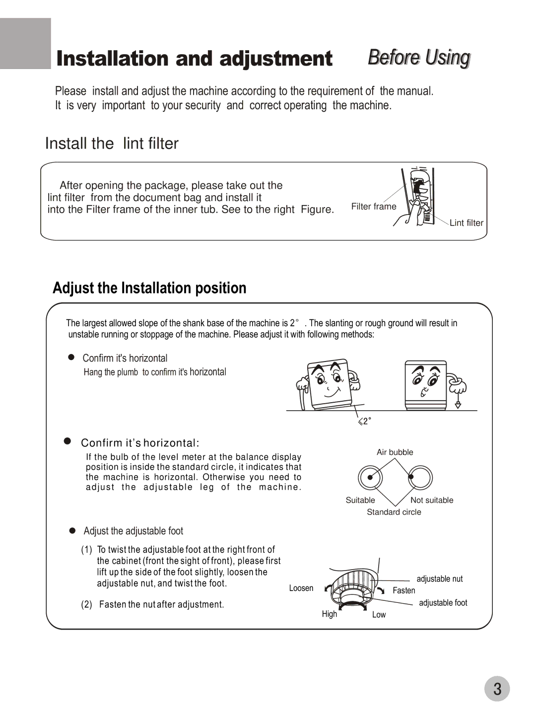 Haier DWE-3120A user manual Before Using, Adjust the Installation position 