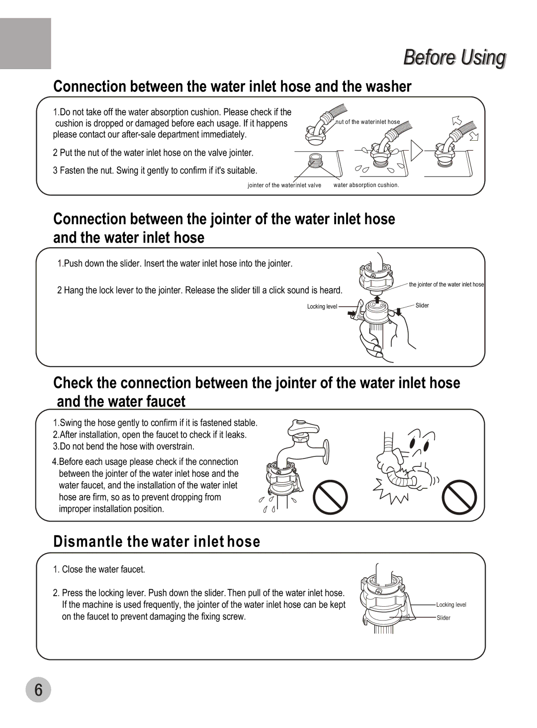 Haier DWE-3120A user manual Connection between the water inlet hose and the washer, Dismantle the water inlet hose 