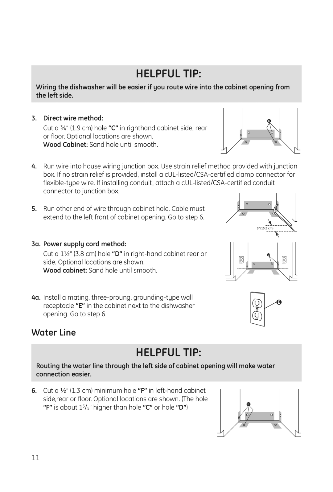 Haier DWL3025 installation manual 3a. Power supply cord method, Cut a ½ 1.3 cm minimum hole F in left-hand cabinet 