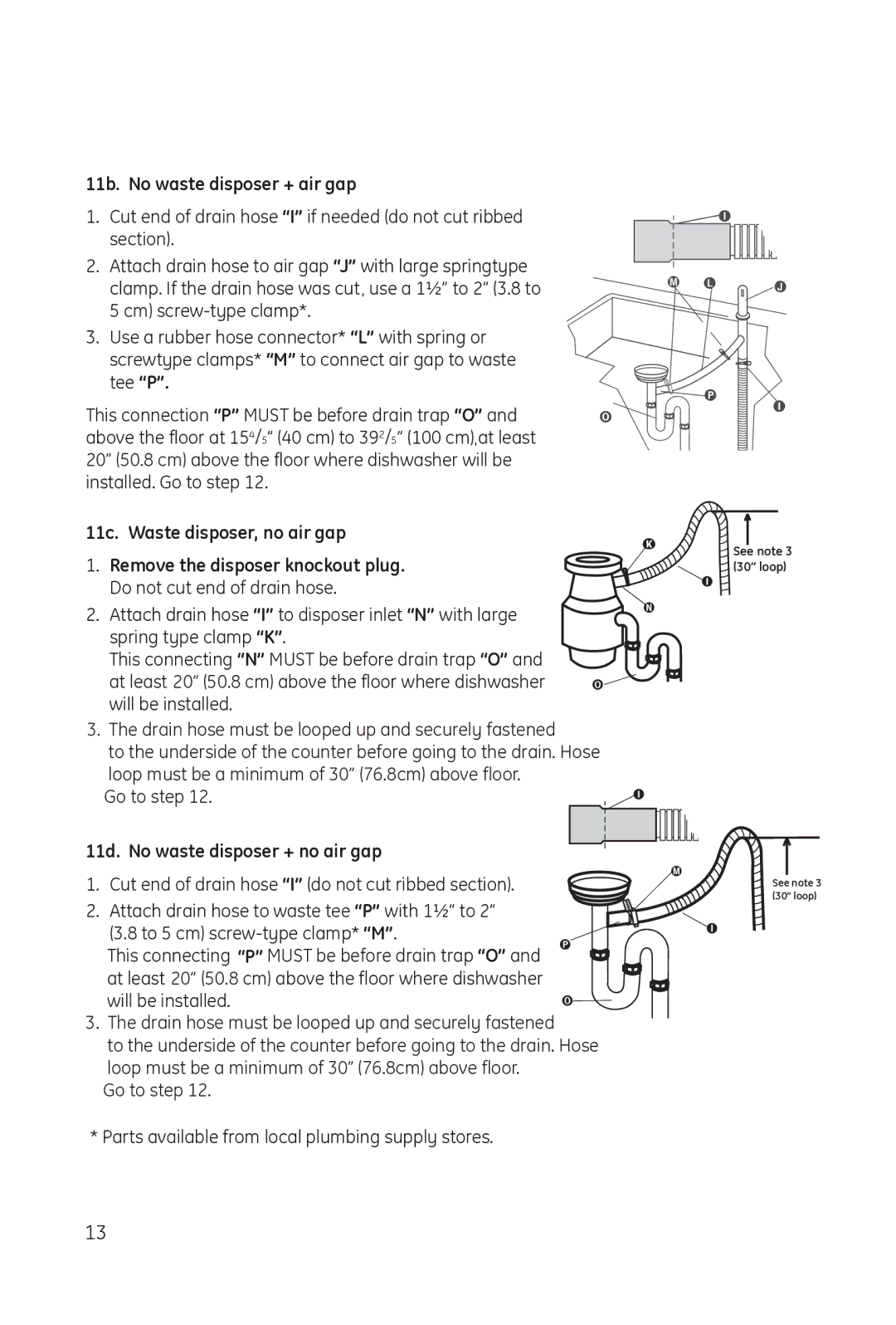 Haier DWL3025 installation manual 11b. No waste disposer + air gap, 11d. No waste disposer + no air gap 