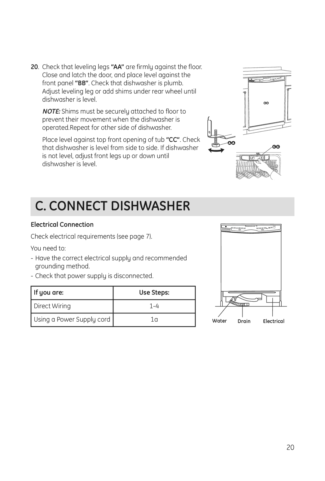 Haier DWL3025 installation manual Connect Dishwasher, Electrical Connection, Direct Wiring Using a Power Supply cord 