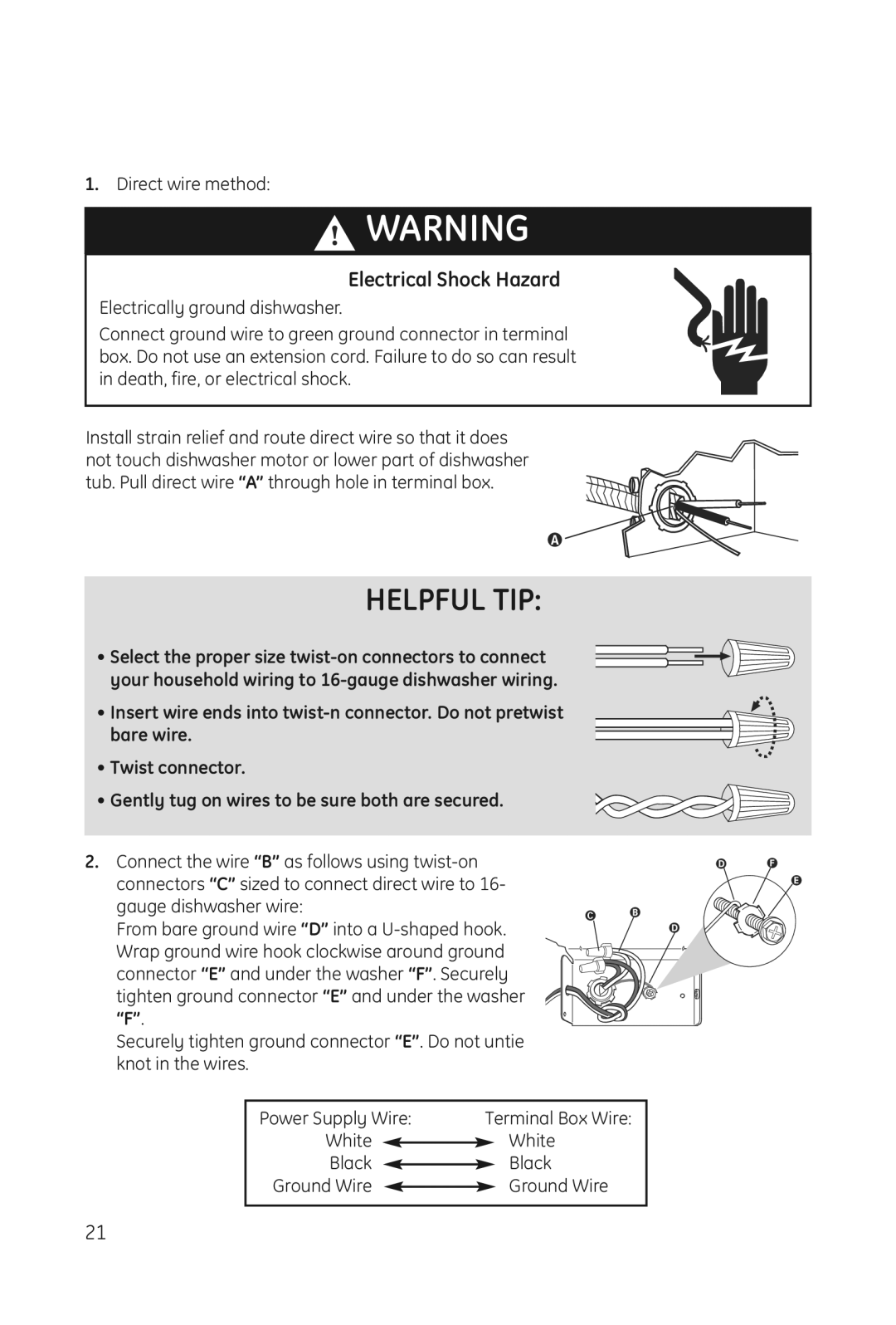 Haier DWL3025 installation manual Direct wire method, White Black Ground Wire 