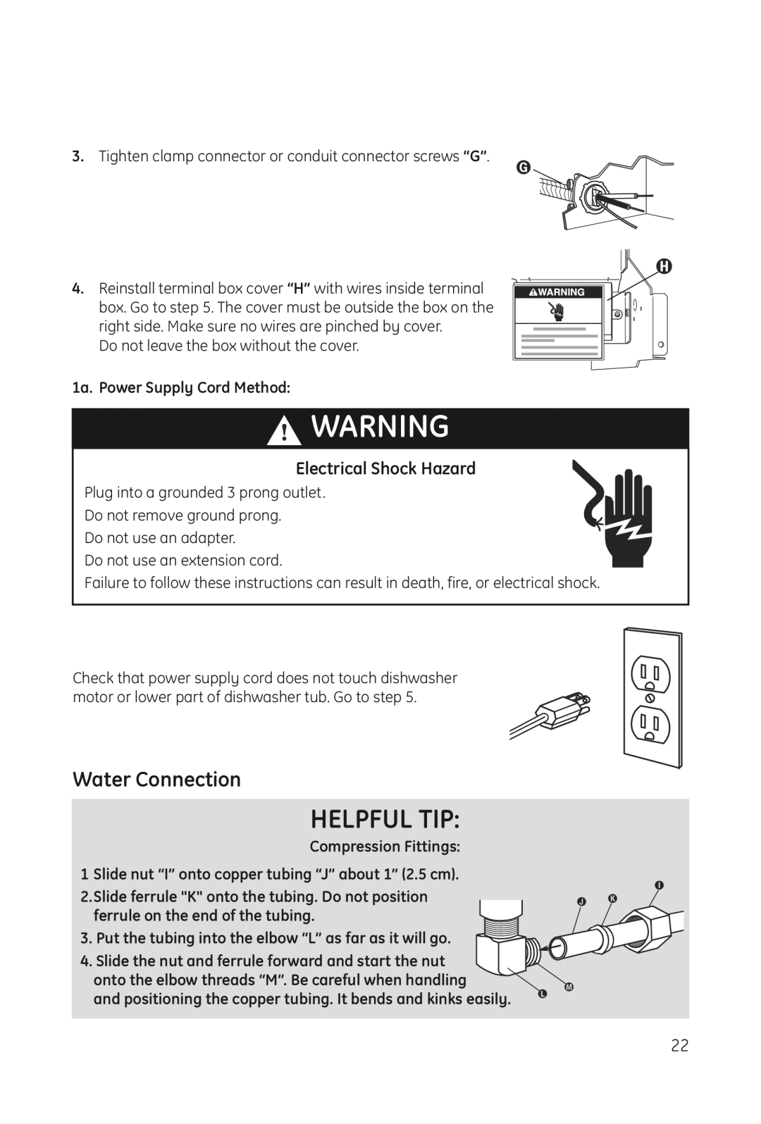 Haier DWL3025 Tighten clamp connector or conduit connector screws G, Do not leave the box without the cover 