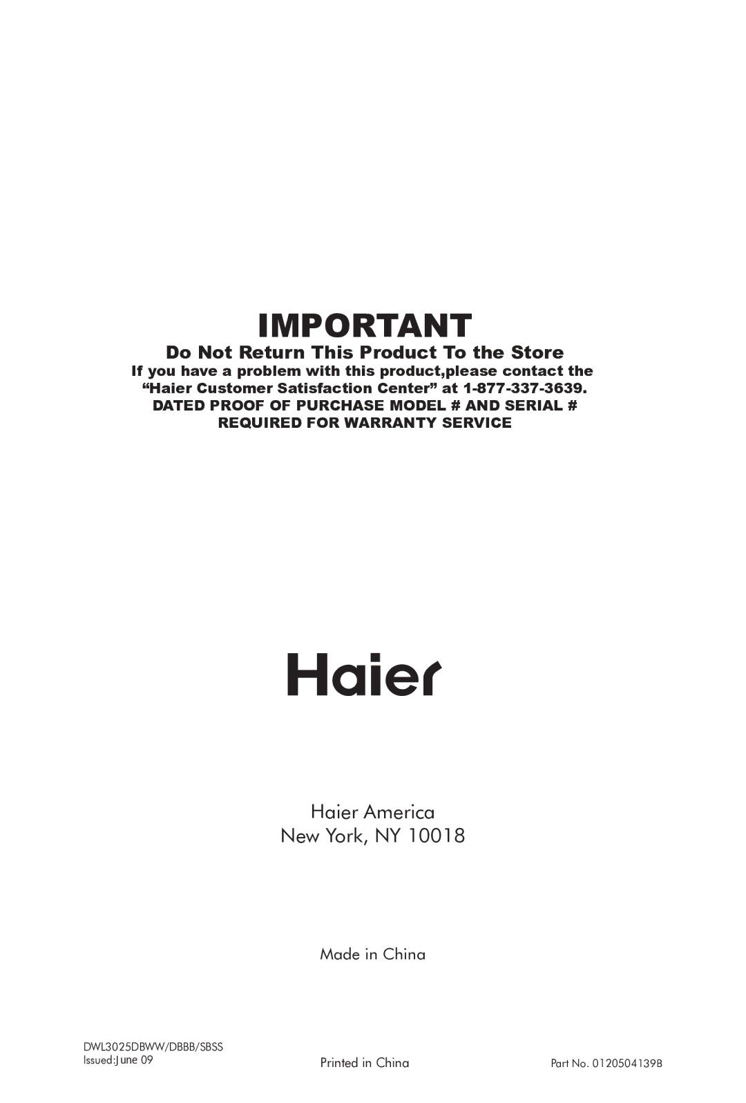 Haier DWL3025 installation manual Haier America New York, NY 