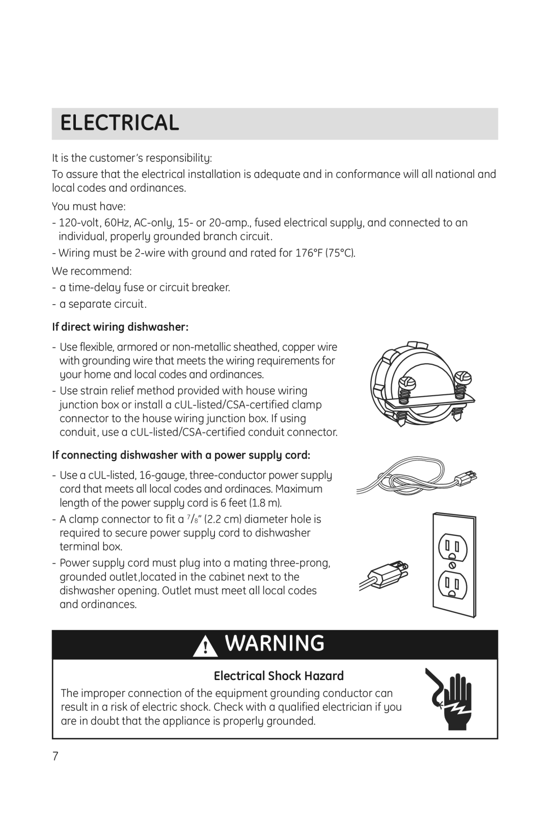 Haier DWL3025 Electrical, If direct wiring dishwasher, If connecting dishwasher with a power supply cord 