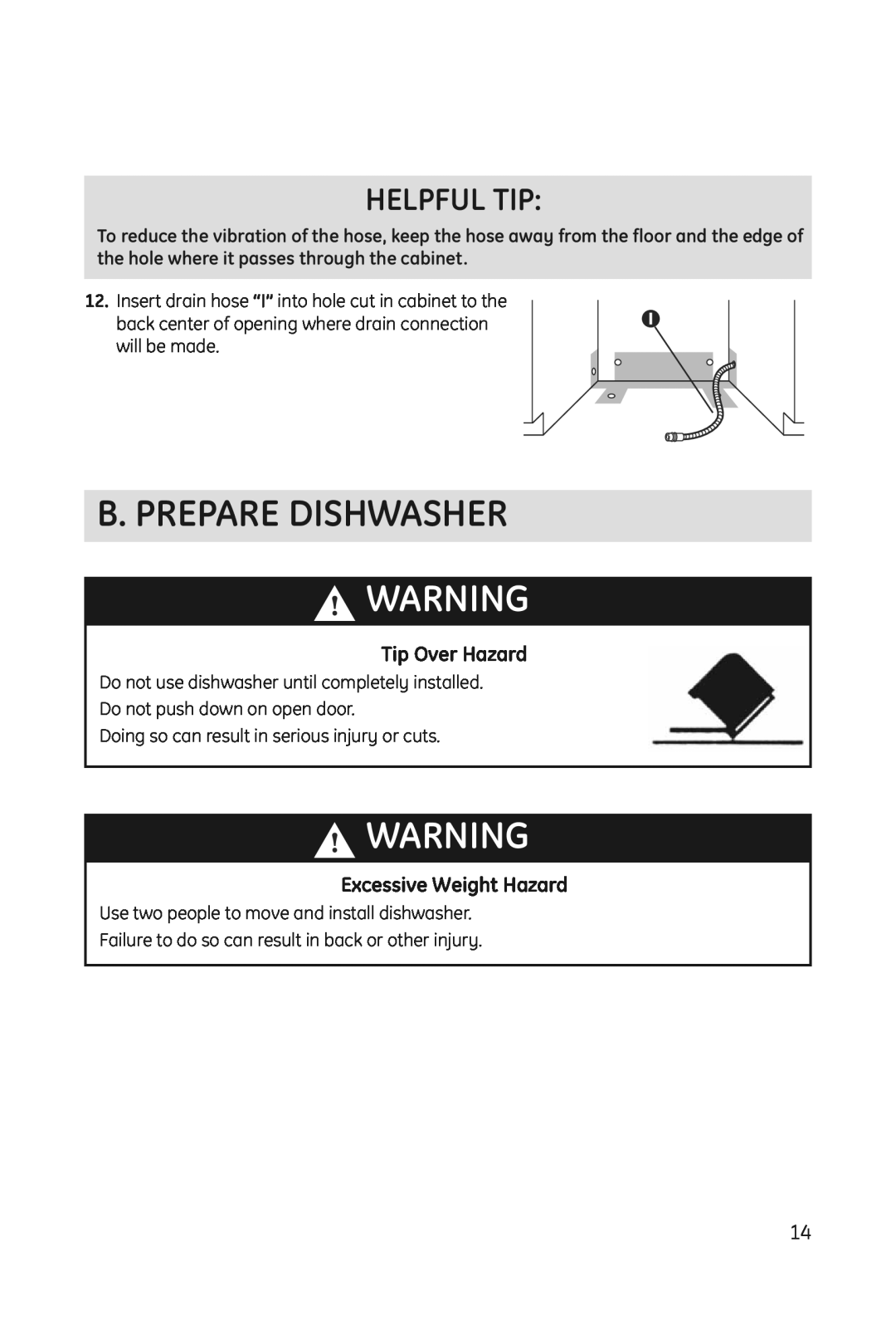Haier DWL3025 installation manual B. Prepare Dishwasher, Tip Over Hazard, Excessive Weight Hazard, Helpful Tip 