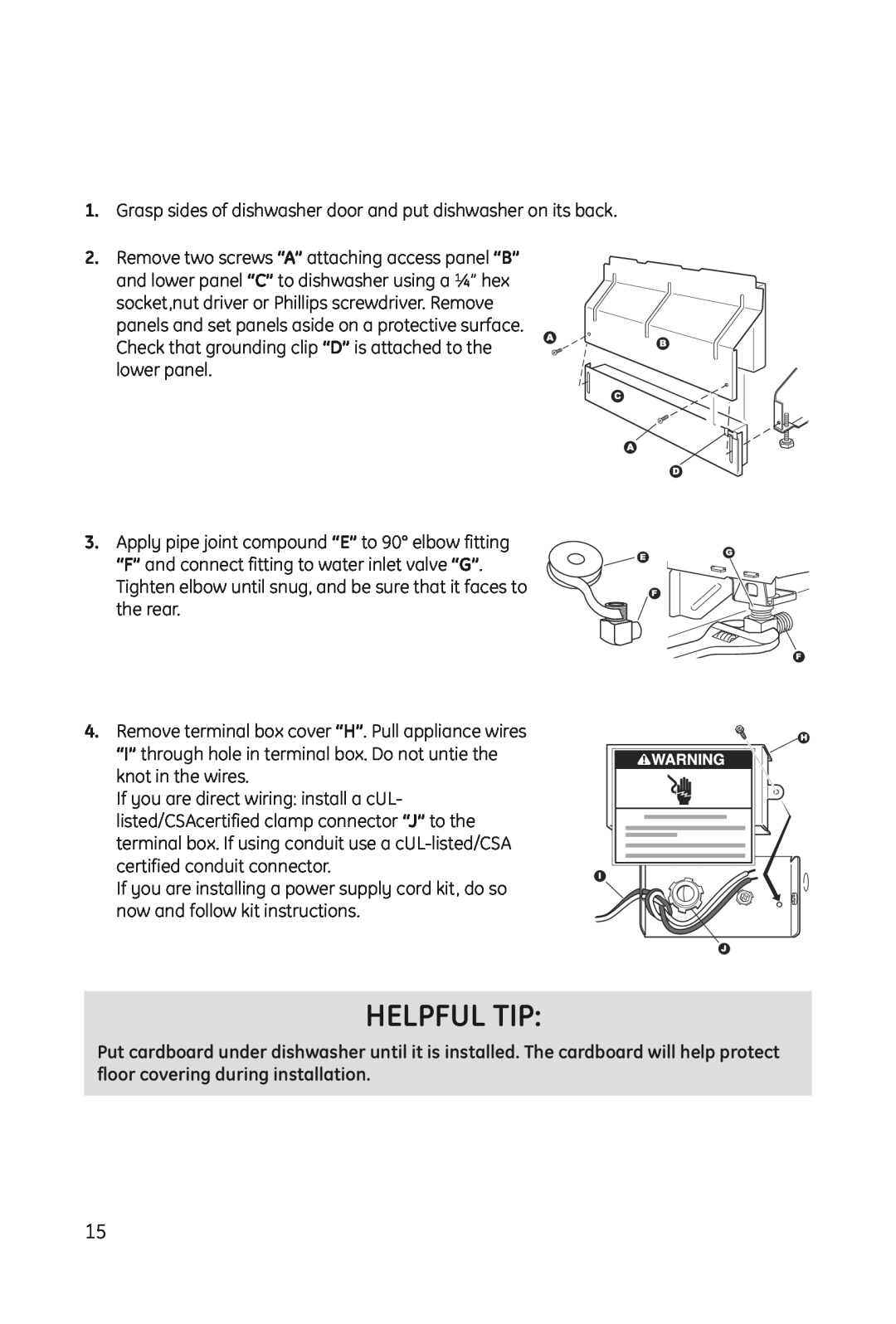 Haier DWL3025 installation manual Helpful Tip, Grasp sides of dishwasher door and put dishwasher on its back 