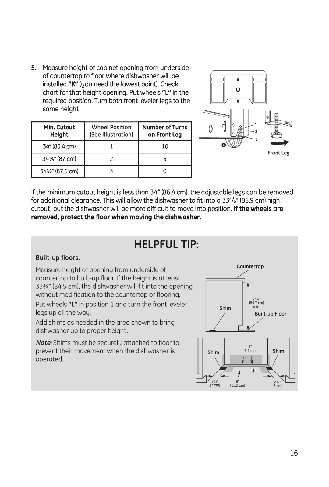 Haier DWL3025 installation manual removed, protect the floor when moving the dishwasher, Built-up floors, Helpful Tip 