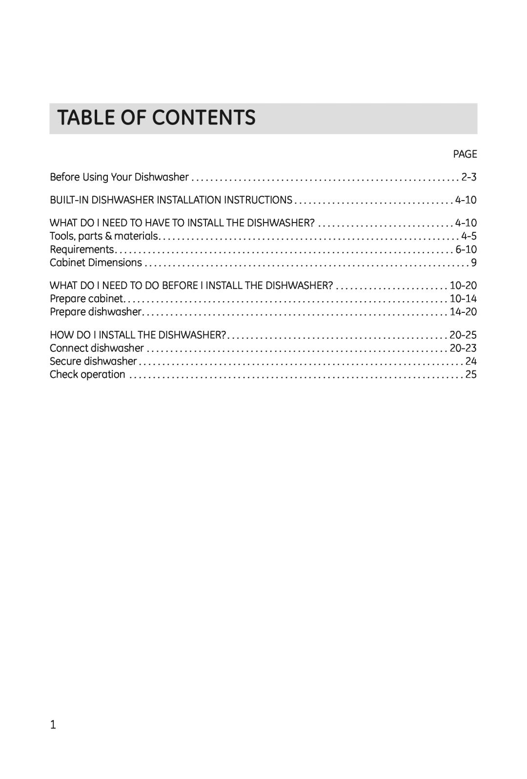 Haier DWL3025 installation manual Table Of Contents, Page 