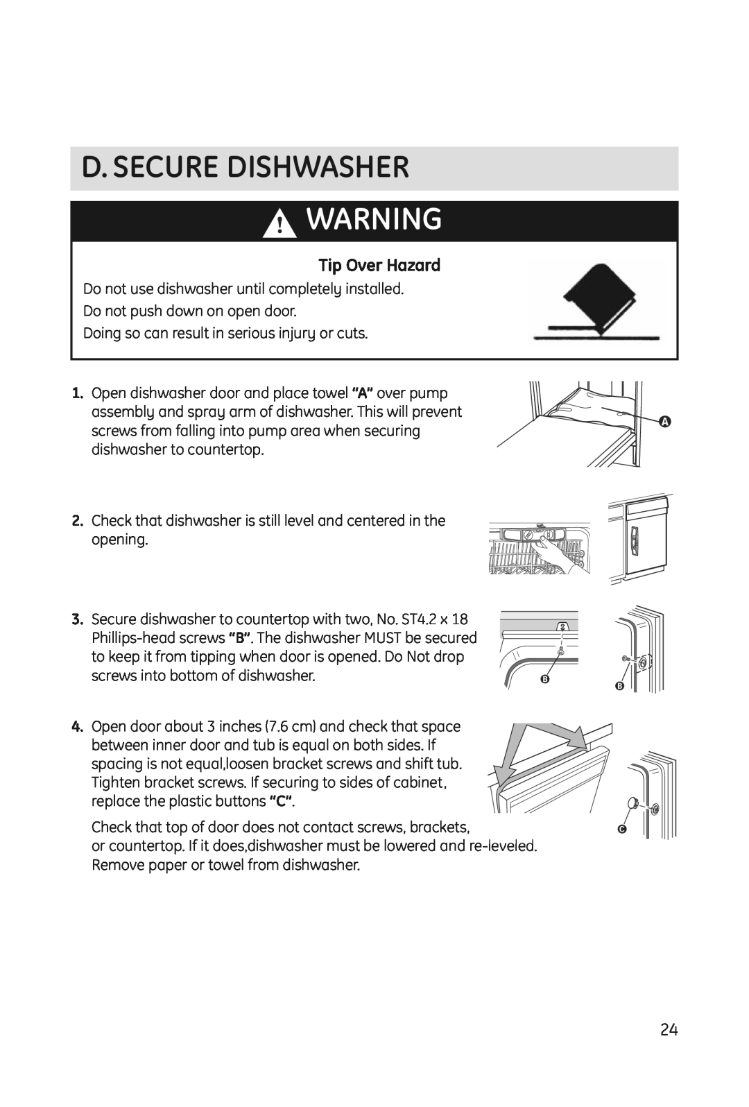 Haier DWL3025 installation manual D. Secure Dishwasher, Tip Over Hazard 