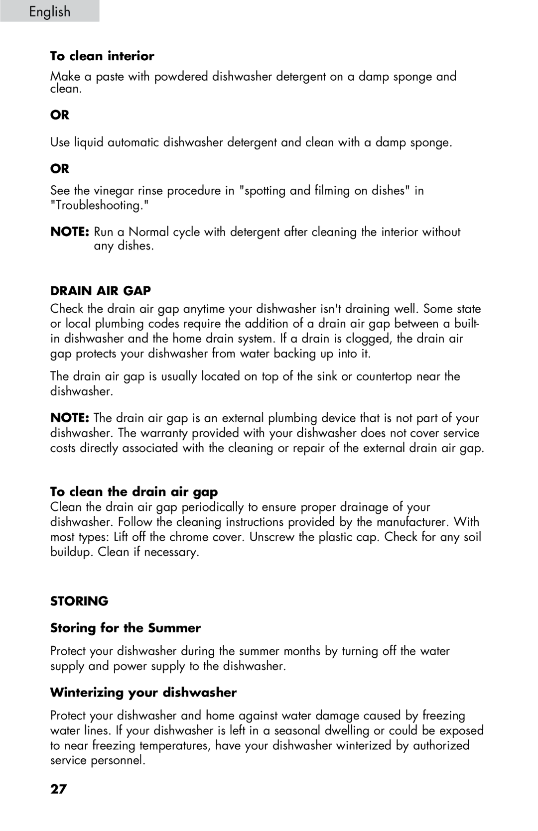 Haier DWL2825, DWL7075, DWL4035, DWL3525, DWL3225 user manual Drain AIR GAP, Storing 