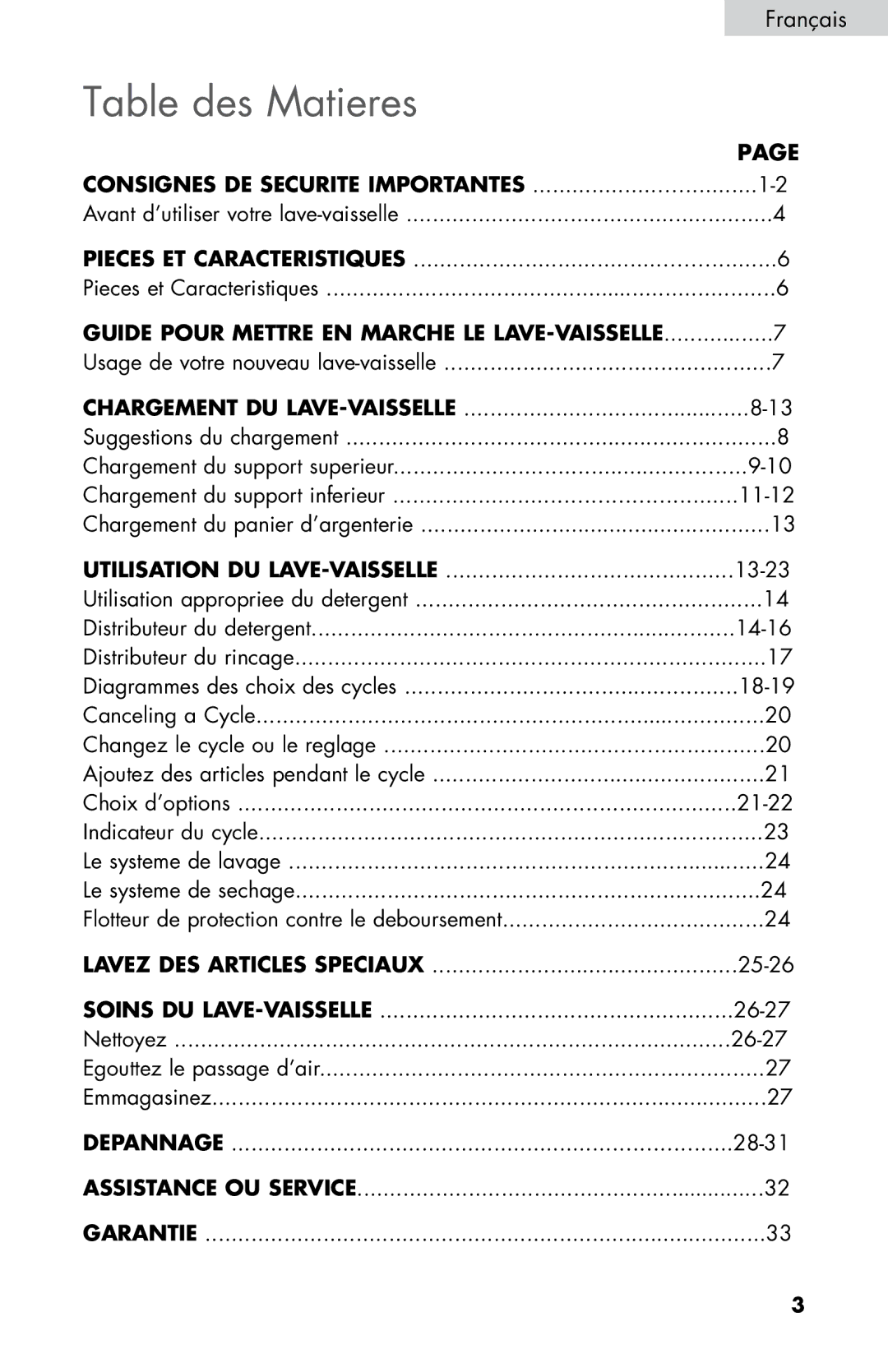 Haier DWL3525 Table des Matieres, Consignes DE Securite Importantes, Guide Pour Mettre EN Marche LE LAVE-VAISSELLE 