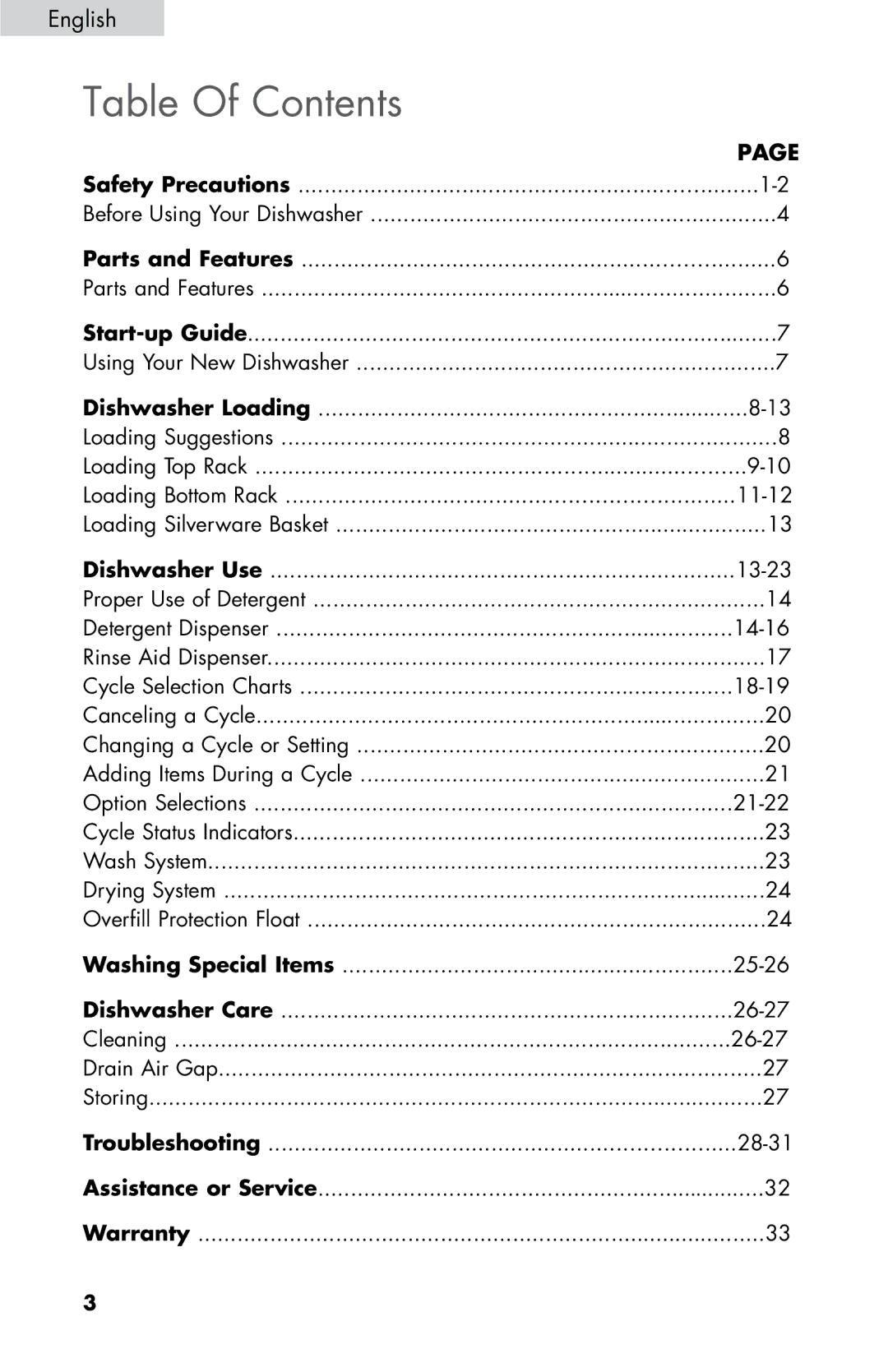 Haier DWL3225, DWL7075, DWL4035, DWL3525, DWL2825 user manual Table Of Contents 