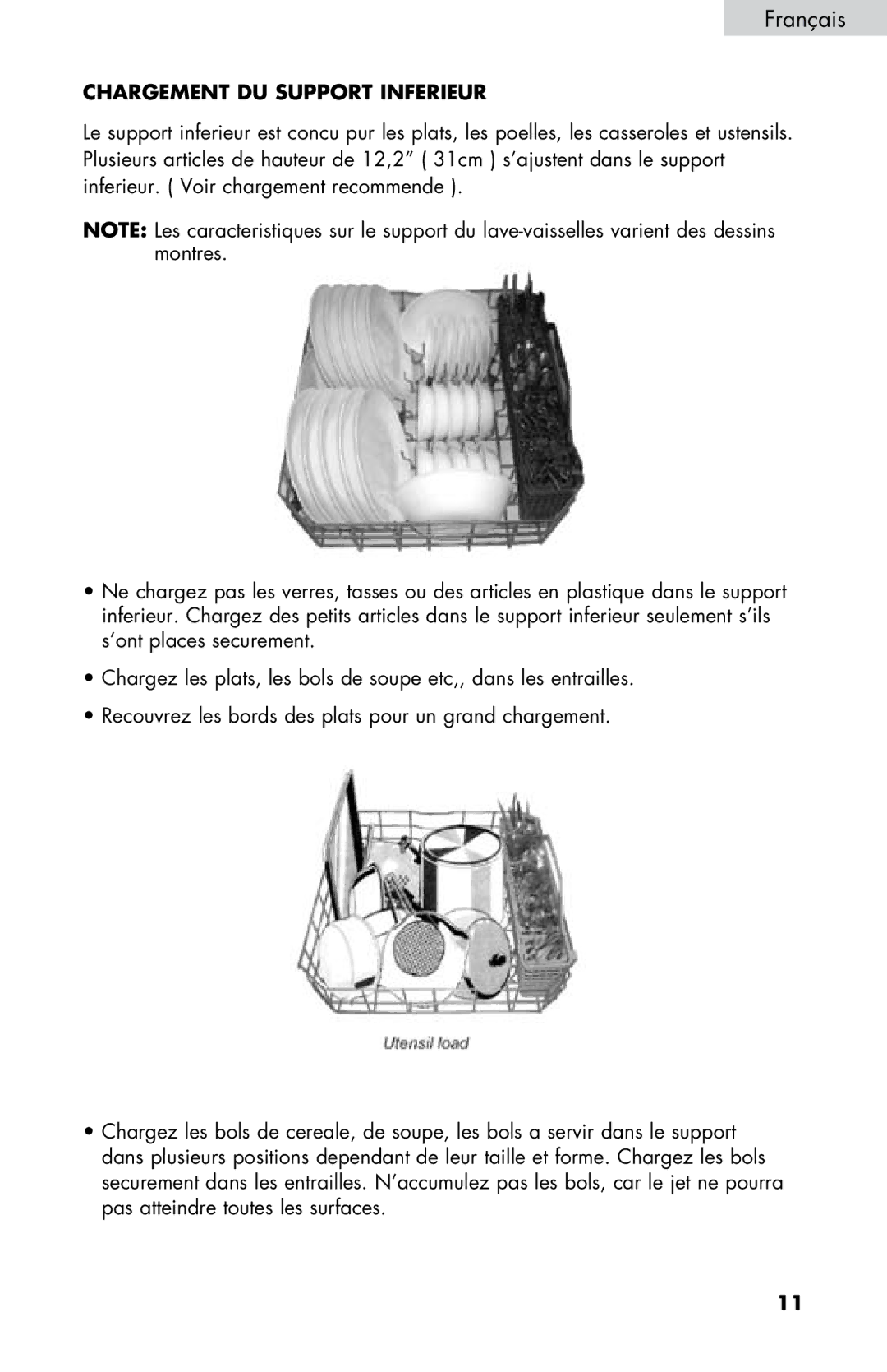 Haier DWL7075, DWL4035, DWL3525, DWL2825, DWL3225 user manual Chargement DU Support Inferieur 