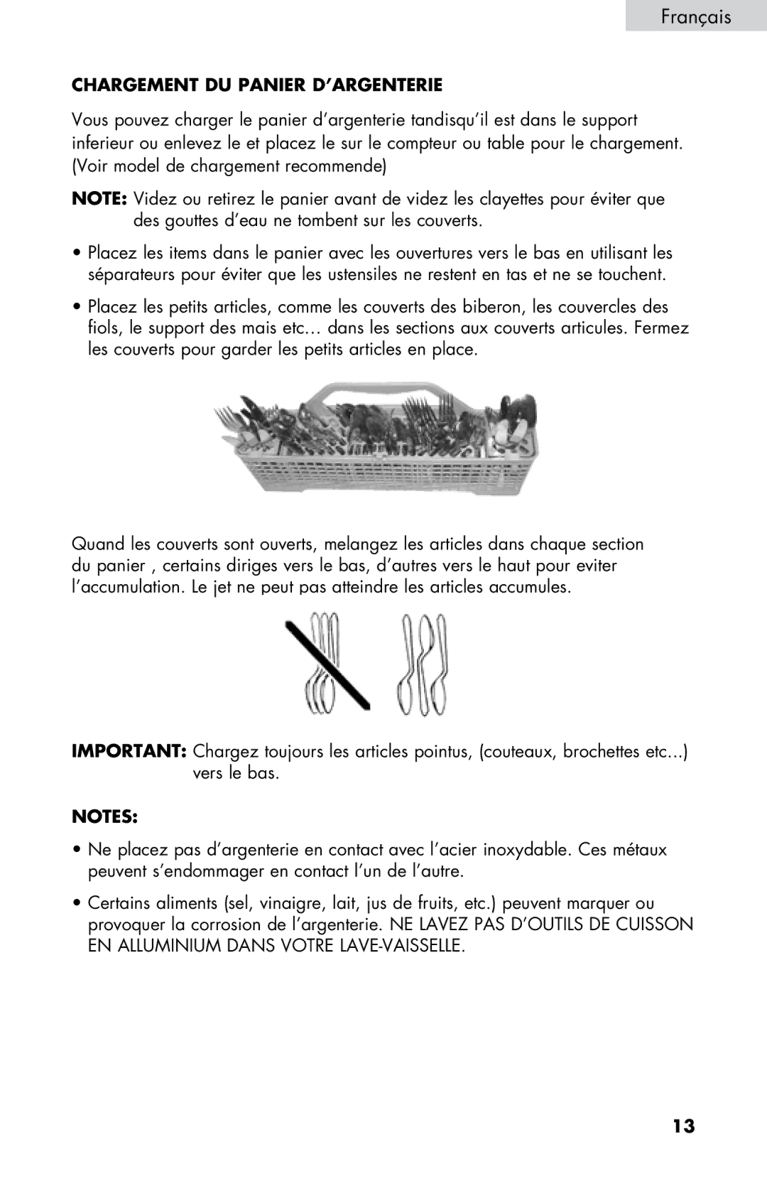 Haier DWL3525, DWL7075, DWL4035, DWL2825, DWL3225 user manual Chargement DU Panier D’ARGENTERIE 