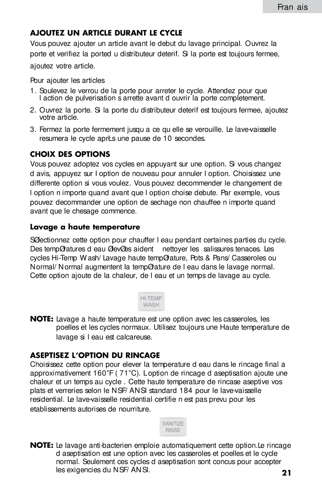 Haier DWL7075, DWL4035, DWL3525, DWL2825 Ajoutez UN Article Durant LE Cycle, Choix DES Options, Lavage a haute temperature 