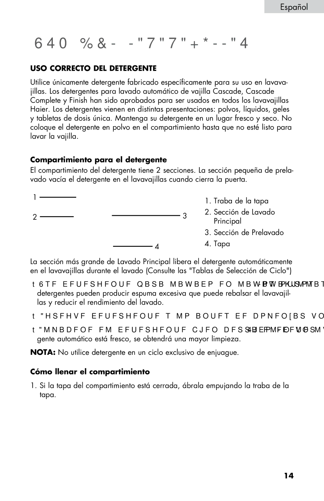 Haier DWL4035, DWL7075, DWL3525, DWL2825 640%&--77+*--4, USO Correcto DEL Detergente, Compartimiento para el detergente 