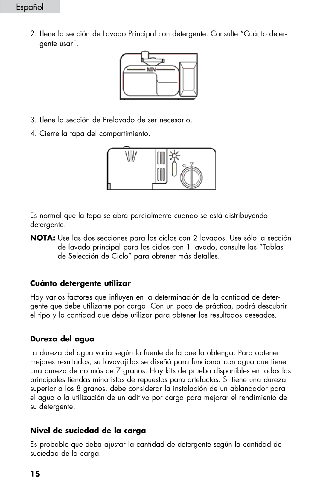 Haier DWL3525, DWL7075, DWL4035, DWL2825, DWL3225 Cuánto detergente utilizar, Dureza del agua, Nivel de suciedad de la carga 