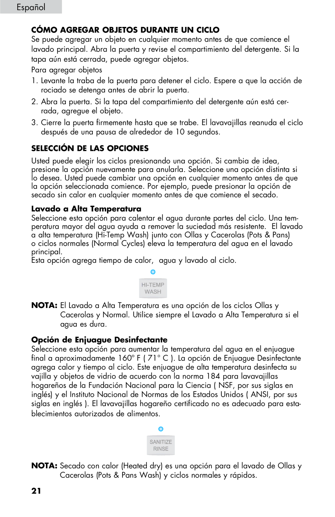 Haier DWL2825, DWL7075, DWL4035 Cómo Agregar Objetos Durante UN Ciclo, Selección DE LAS Opciones, Lavado a Alta Temperatura 