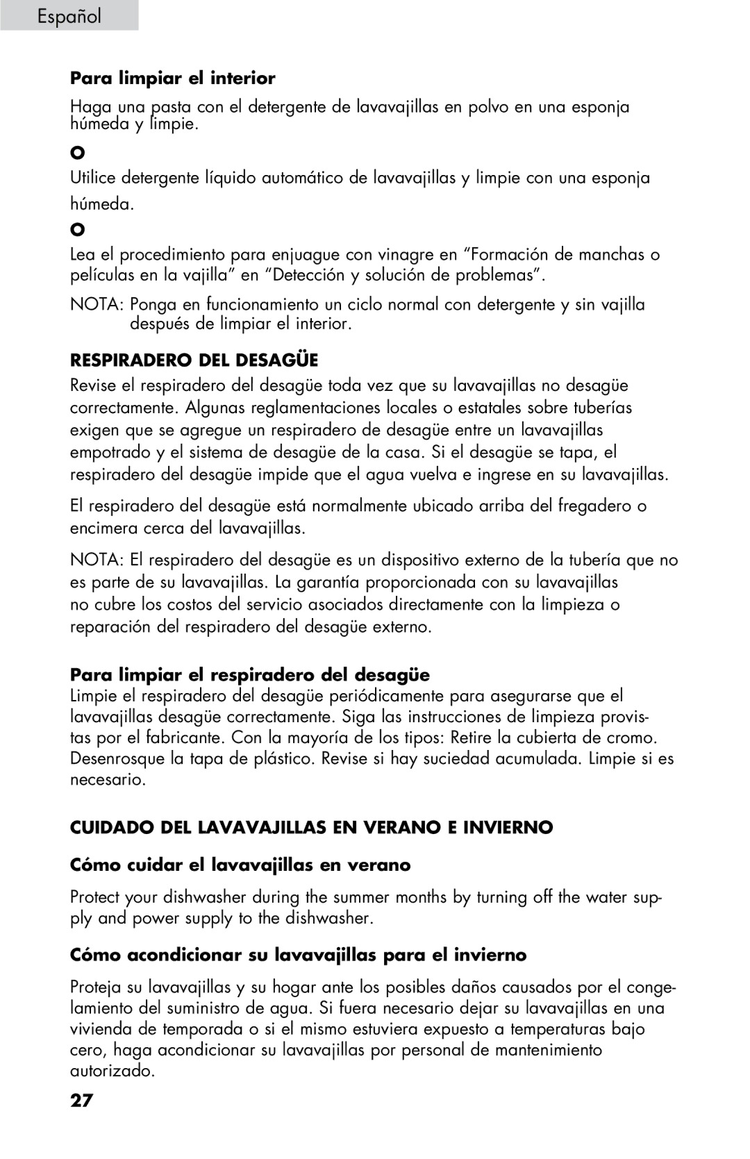 Haier DWL3225, DWL7075, DWL4035, DWL3525, DWL2825 Respiradero DEL Desagüe, Cuidado DEL Lavavajillas EN Verano E Invierno 