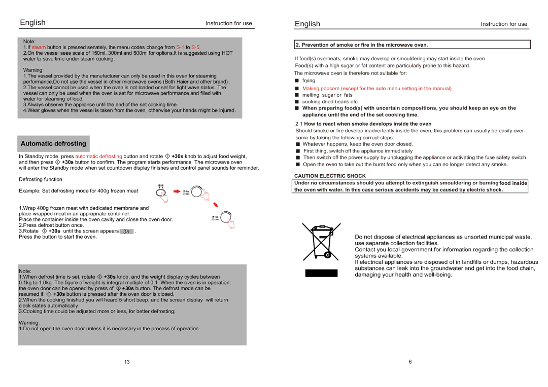 Haier EB-2080EGV owner manual Automatic defrosting, Prevention of smoke or fire in the microwave oven 