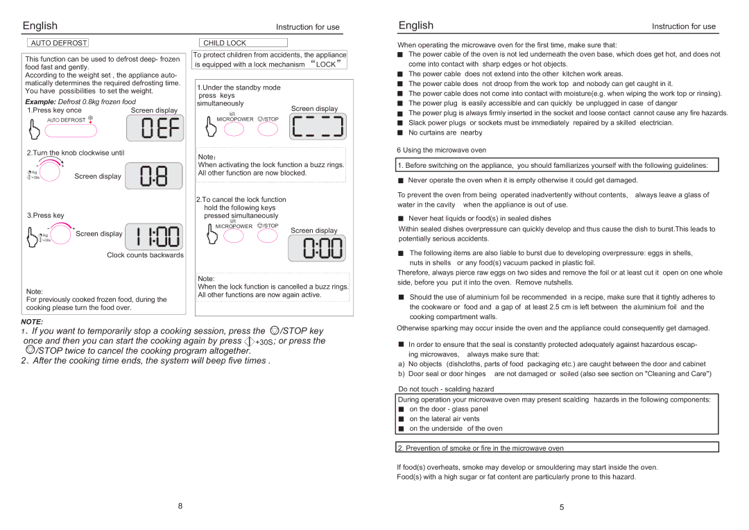 Haier EB-2485E manual EnglishInstruction for use, Auto Defrost, Example Defrost 0.8kg frozen food, Child Lock 