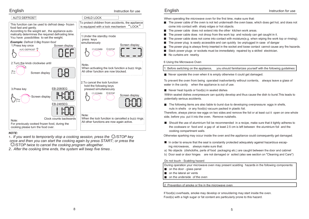 Haier EB-2485EG manual Auto Defrost, Example Defrost 0.8kg frozen food, Press key once, Press key EB-2080EG, Child Lock 