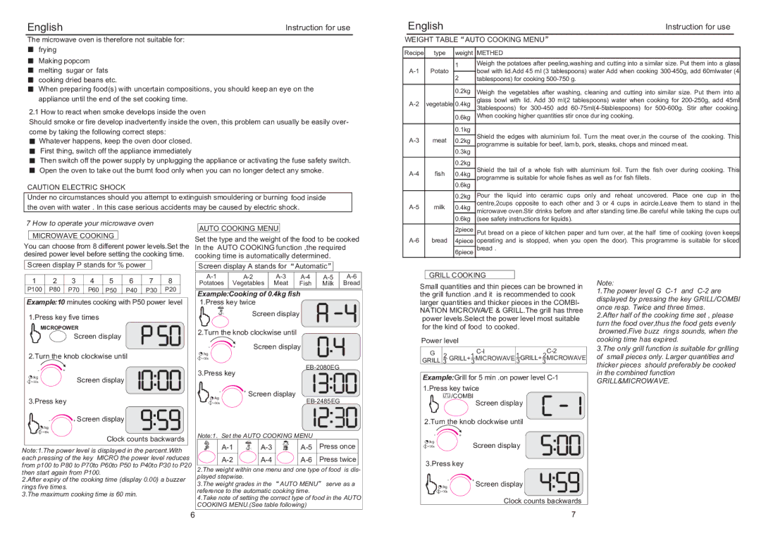 Haier EB-2485EG manual Weight Table Auto Cooking Menu, How to operate your microwave oven, Microwave Cooking, Grill Cooking 