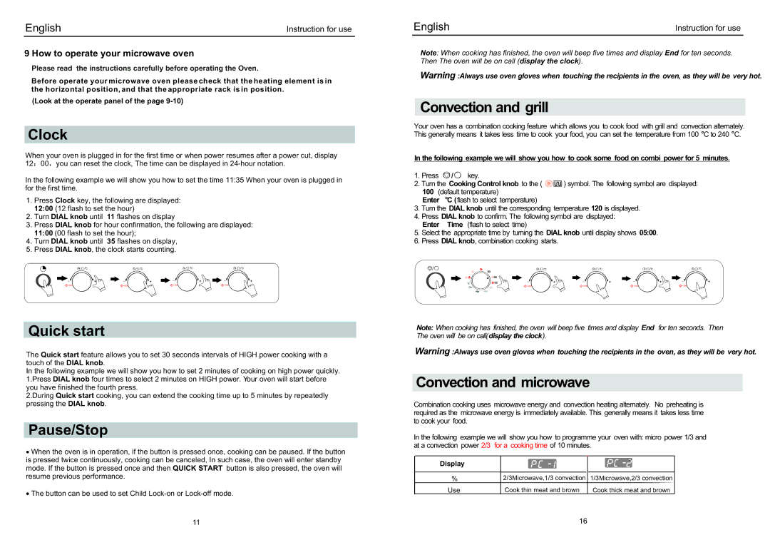 Haier EB-3190EC manual Clock, Quick start, Pause/Stop, Convection and grill, Convection and microwave 
