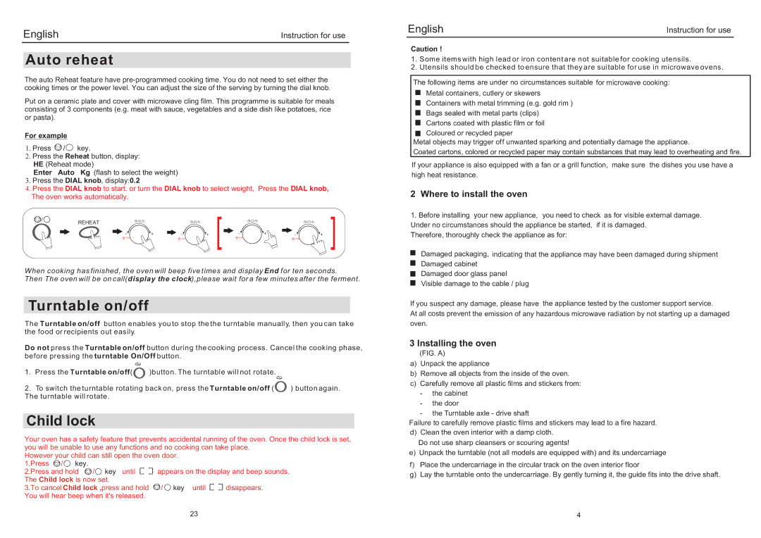 Haier EB-3190EC manual Auto reheat, Turntable on/off, Child lock, Where to install the oven, Installing the oven 