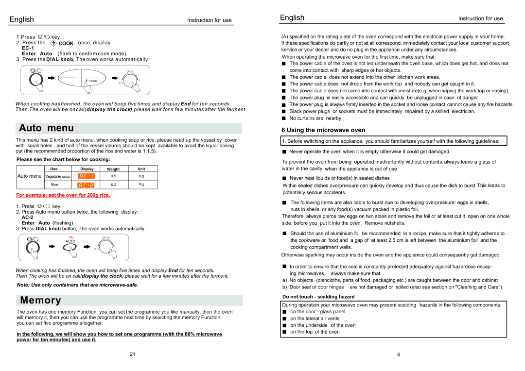 Haier EB-3190EC manual Auto menu, Memory, Using the microwave oven 