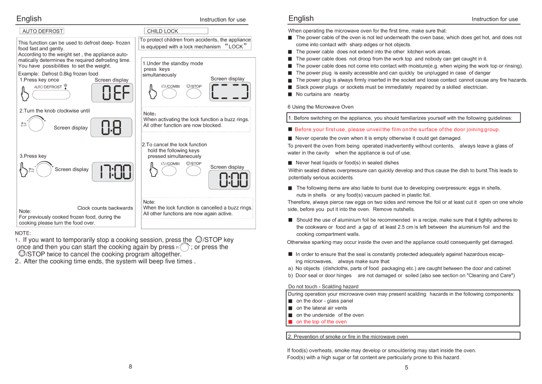 Haier EB-3190EG manual Auto Defrost, Example Defrost 0.8kg frozen food, Child Lock 